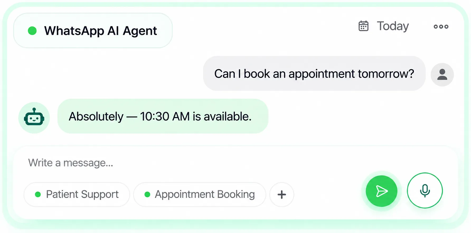 WhatsApp AI agent booking a patient appointment in a chat interface.
