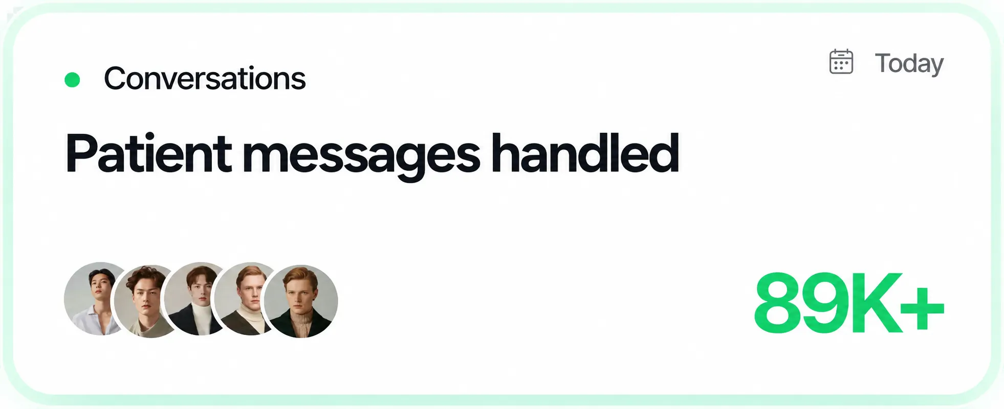 WhatsApp AI dashboard showing 89K+ patient messages handled today.
