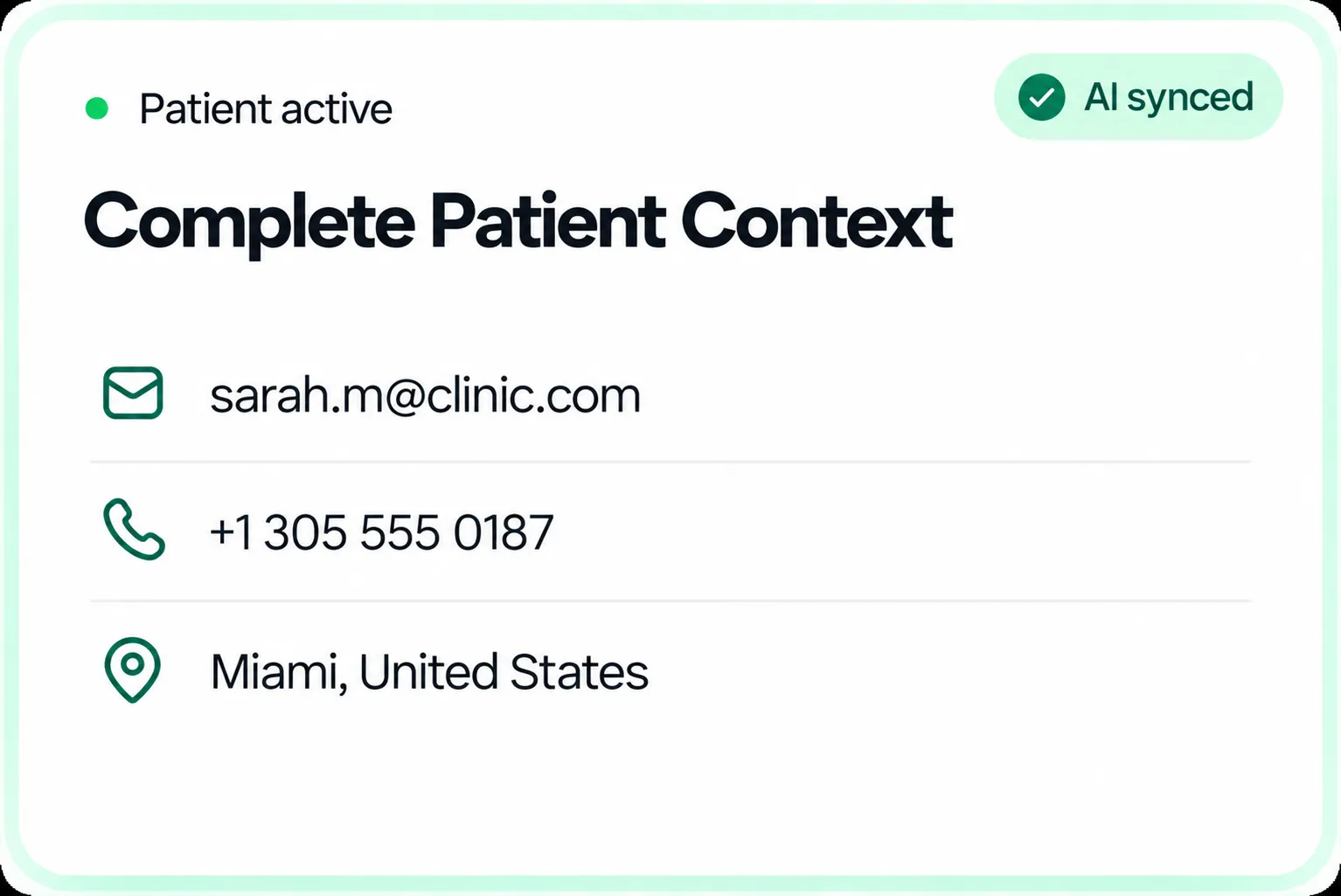 AI-synced patient context card with contact details and location.
